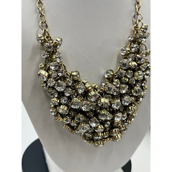 J. Crew Antique Gold Tone Prong Set Rhinestone Cluster Bib Statement Necklace - Picture 8 of 13